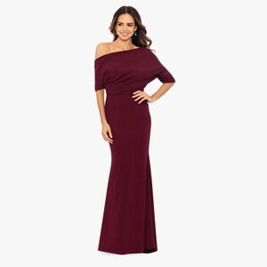 Betsy And Adam Madeline Long Scuba Crepe Off The Shoulder Drop Dress